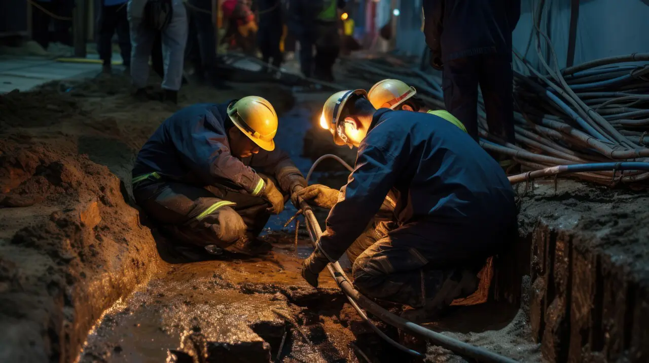 Workers are repairing fiber optic cables that are buried in the ground.